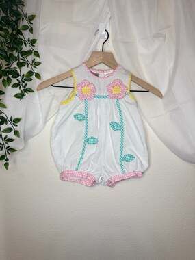 Bunny & Bear Vintage Style Pastel Floral Gingham Bubble Romper